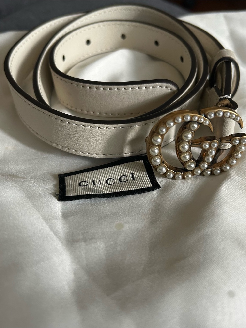 Gucci Cream Leather Belt with Pearl-Embellished  Double G Buckle